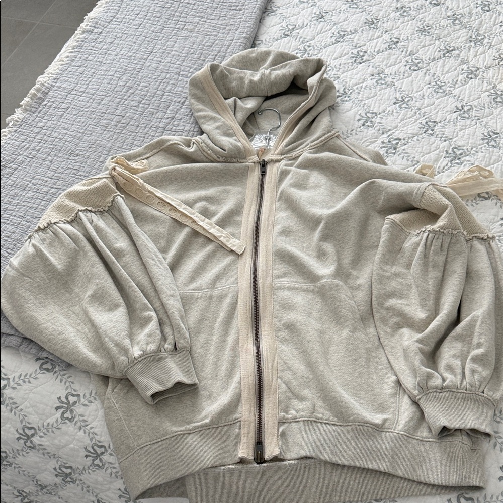 Free People Cream Hoodie with Puff Sleeves